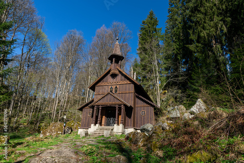 Obraz na płótnie Old wooden pilgrimage rural Chapel of Virgin Mary (Stožecká kaple in Czech) standing in a forest of Šumava National Park - Stožec, Czech Republic, Europe w salonie