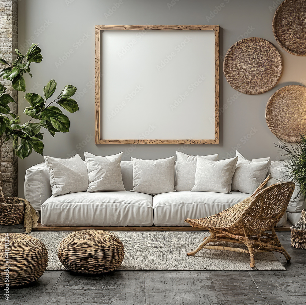 Blank wooden frame in 16:9 ratio over a sofa in the living room.