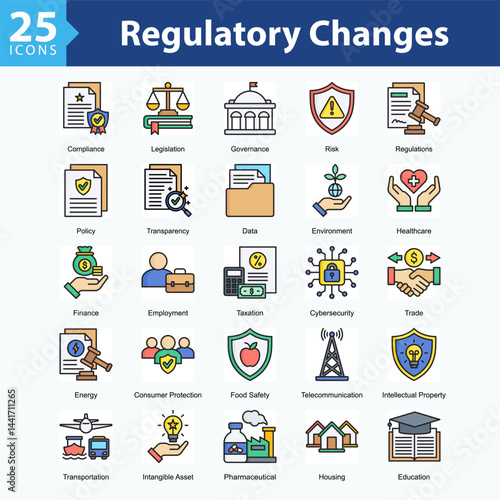 Regulatory Changes is a collection of icons in sheet format illustrating international regulations, industry compliance, and oversight across sectors like health, energy, and technology.	