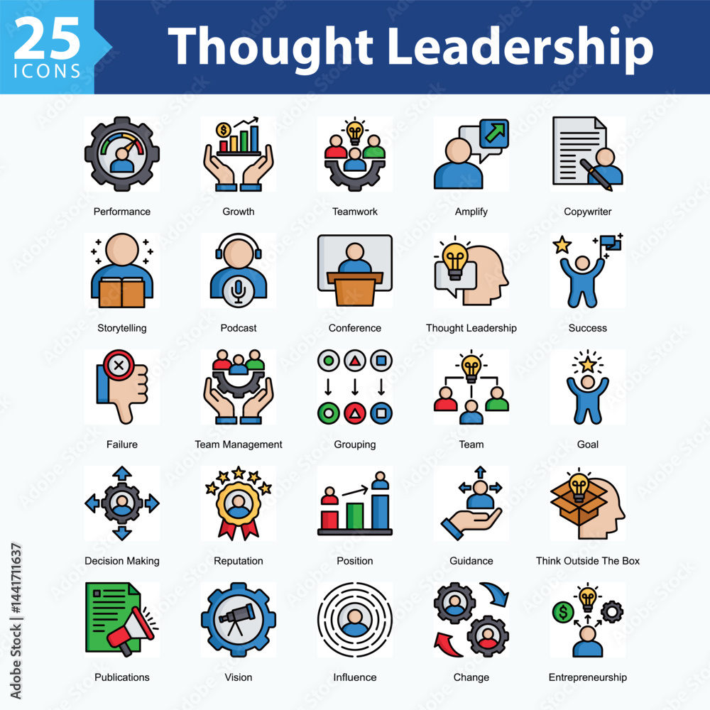 Fototapeta premium Thought Leadership is a collection of icons in sheet format showcasing professional development, leadership skills, technical expertise, and visionary direction in modern work environments. 