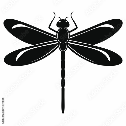 Black silhouette of a detailed dragonfly with wings spread wide