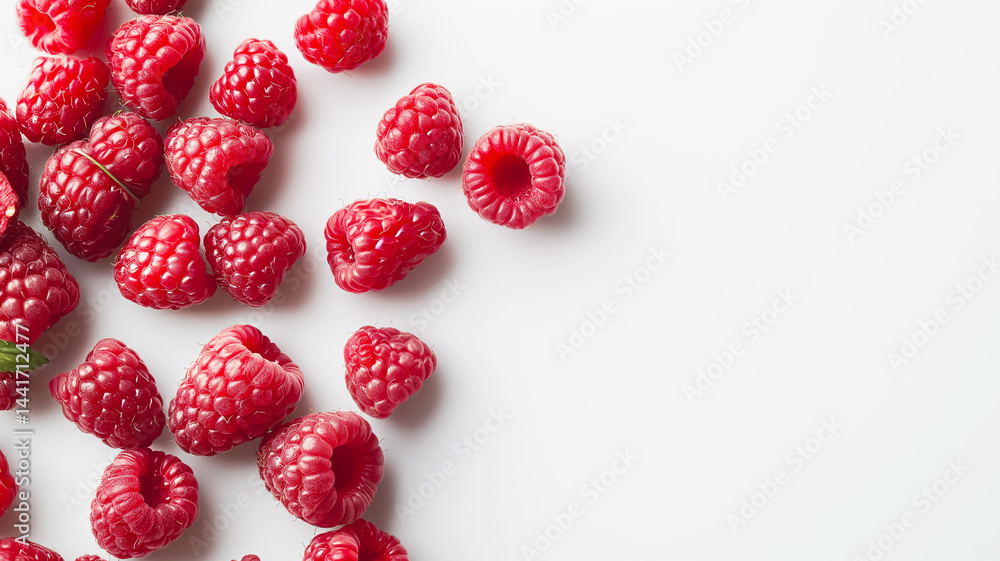 Fresh raspberries scattered neatly on a white field, ripe and ready