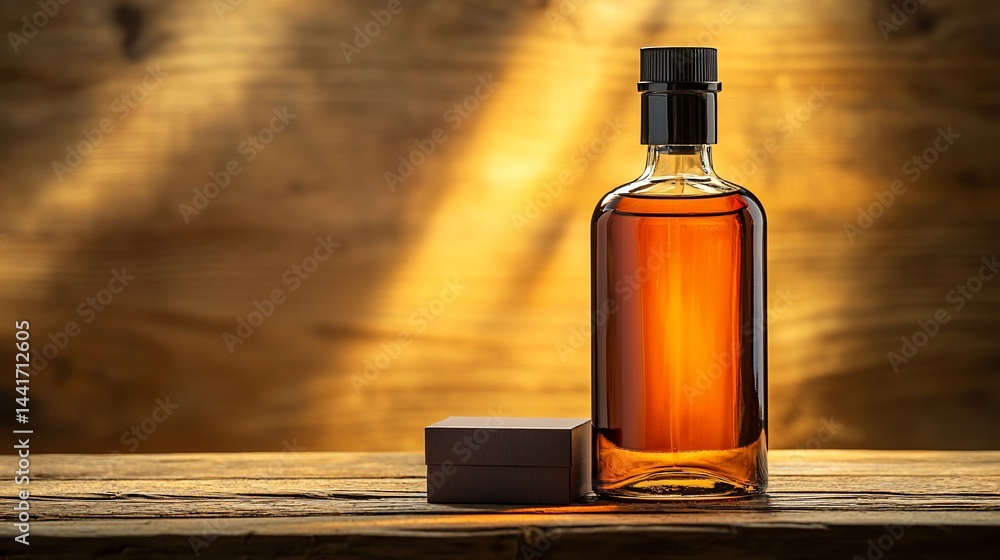 Naklejka premium Amber liquid in a bottle on a wooden surface
