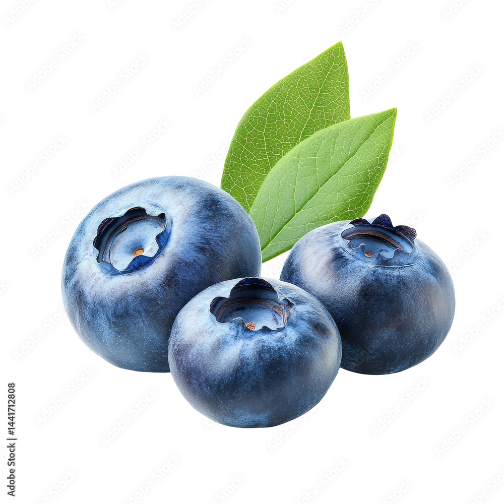 Obraz premium Fresh blueberries with green leaves isolated on a transparent background, ideal for healthy food and culinary presentations, Fresh blueberry with leaf isolated on transparent background
