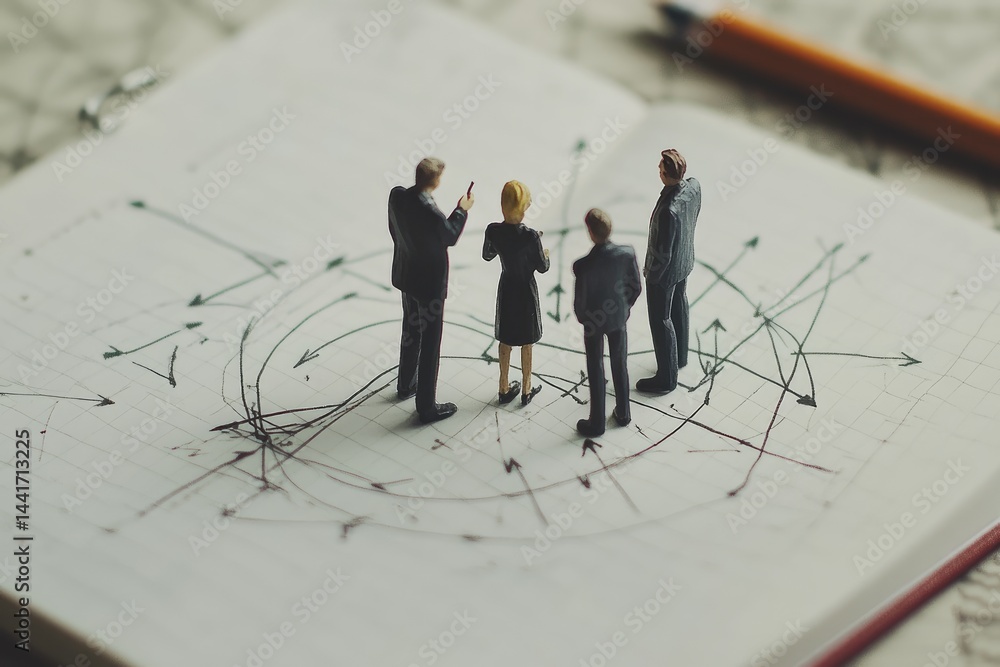 Three miniature business people standing on top of an open notebook with black arrows drawn on the paper, symbolizing different paths or options for planning. Three miniature business people standing on top of an open notebook with black arrows drawn on the paper, symbolizing different paths or options for planning.