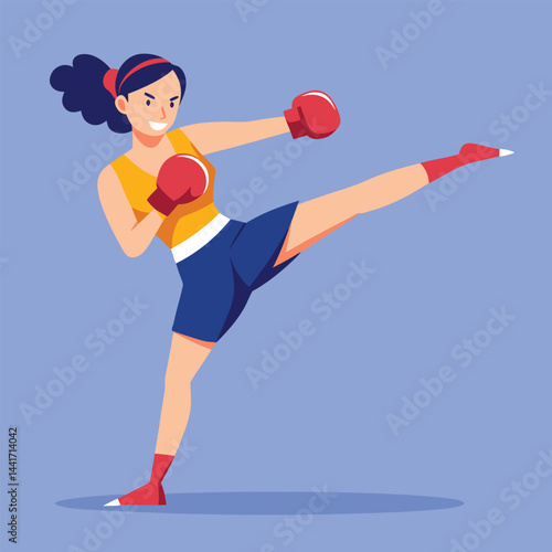 Woman boxing. Female fighter in boxing gloves practices kick, punching and hitting. Strong girl athlete at sports training or workout. Flat vector illustration isolated on background