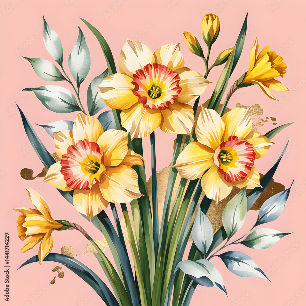 Spring Daffodils: A vibrant bouquet of daffodils bursts forth with radiant yellow petals and a touch of orange, beautifully presented against a soft backdrop that whispers of spring. Spring Daffodils: A vibrant bouquet of daffodils bursts forth with radiant yellow petals and a touch of orange, beautifully presented against a soft backdrop that whispers of spring.