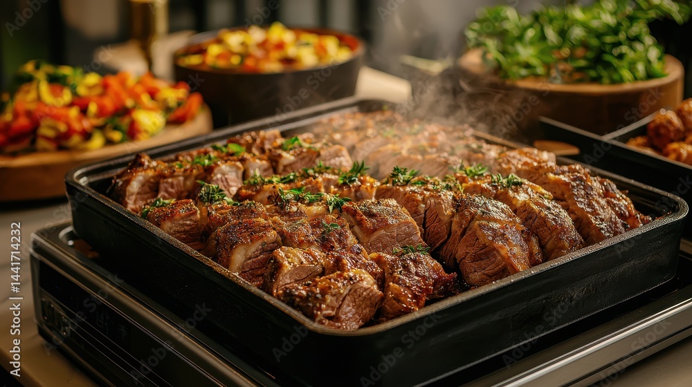 Sizzling Grilled Meat with Fresh Herbs and Colorful Side Dishes on a Modern Table Setting Sizzling Grilled Meat with Fresh Herbs and Colorful Side Dishes on a Modern Table Setting