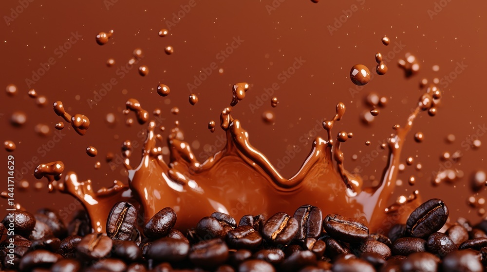 Fototapeta premium Splashing Chocolate and Coffee Beans on Brown Background Creating Dynamic and Delicious Visual Contrast