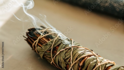 Muted Tones Style. Close-up of incense smoke rising from a sacred herb.