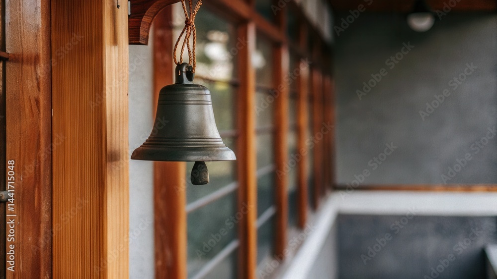 Obraz premium Muted Tones Style. Close-up of a muted school bell mounted on a wall.