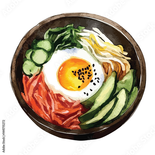 watercolor illustration of Bibimbap clipart isolated