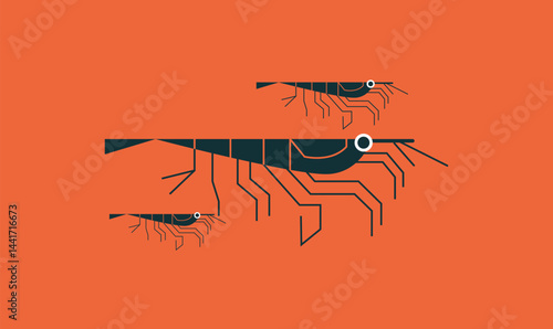 illustration of a group of shrimps swimming together underwater, representing marine life, aquatic ecosystems