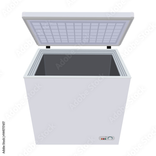 Open white deep freezer with metal grid and control panel isolated on white
