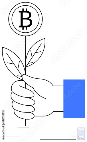 Hand grips a plant with Bitcoin replacing a flower, showcasing digital currency growth and eco-finance. Ideal for crypto investment, financial growth, fintech, sustainability, blockchain, digital