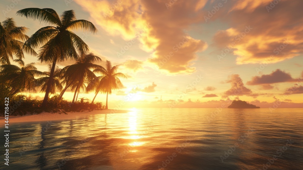 A scenic sunset over the ocean with palm trees swaying in the warm summer breeze. A scenic sunset over the ocean with palm trees swaying in the warm summer breeze.
