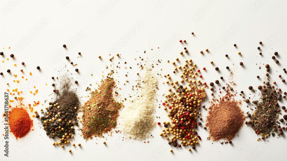 Minimal spice study: small heaps of colorful spices on a pale field