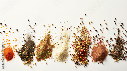 Obraz na płótnie Minimal spice study: small heaps of colorful spices on a pale field w salonie