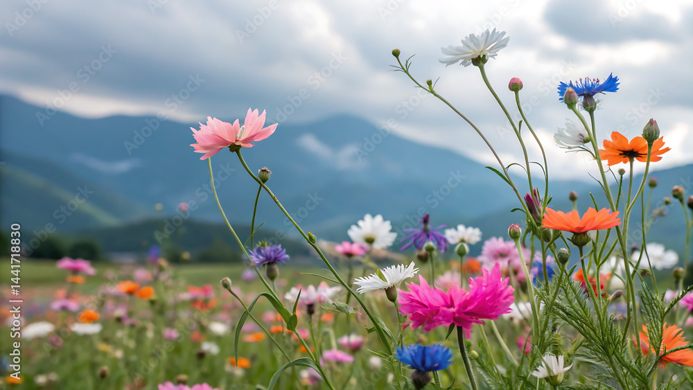 Obraz premium Colorful wildflowers sway gently in a breezy mountain meadow, radiating natural charm beneath a moody sky