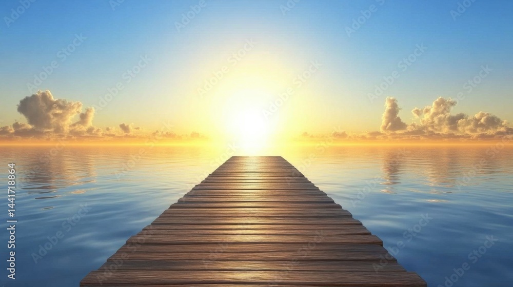 Naklejka premium A wooden pier stretching into the calm ocean, surrounded by the warm glow of a summer sunrise.