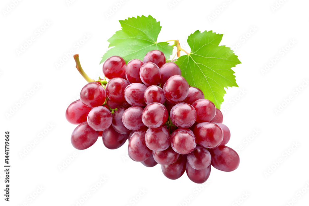 Fototapeta premium Red grapes with green leaves on black background fresh fruit healthy food