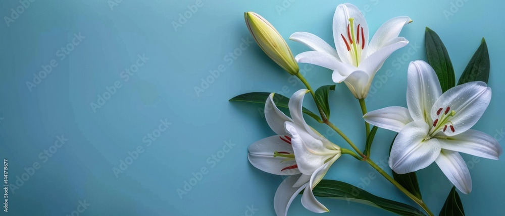 Fototapeta premium Lily flower on colorful background. Flat lay composition with copy space. Top down aerial view of white lily and green leaves scattering around at vibrant color background. Floral decoration. AIG55.