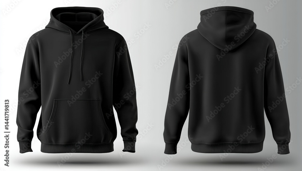 A plain black hoodie is displayed from the front and back on a neutral background. A plain black hoodie is displayed from the front and back on a neutral background.