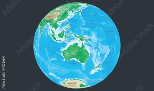Flat design illustration of Australia on a globe, showing its position on the world map and symbolizing geography, travel, and global awareness in a clean, minimal style.