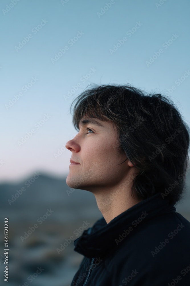 capture minimalistic portrait of individual gazing thoughtfully at stars with blurred astronomical background providing capture minimalistic portrait of individual gazing thoughtfully at stars with blurred astronomical background providing