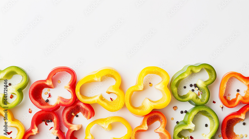 Sliced peppers in red, yellow, and green aligned simply against a white field, ready for text