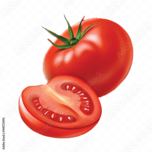 realistic 3d red tomato and slice isolated on  transparent background