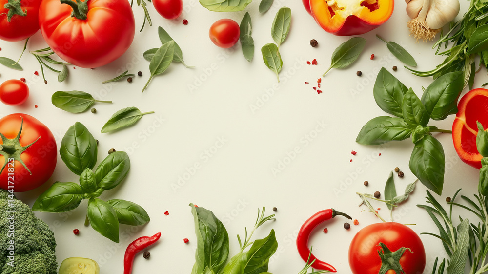 Crisp vegetable medley laid out in a clean row on a pale canvas, leaving open space for text
