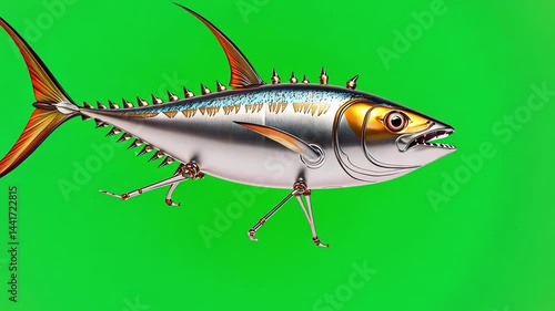 Wallpaper Mural Metallic Tuna with Robot Legs Swimming in Green Environment Illustrating Futuristic Aquatic Life Concept Torontodigital.ca