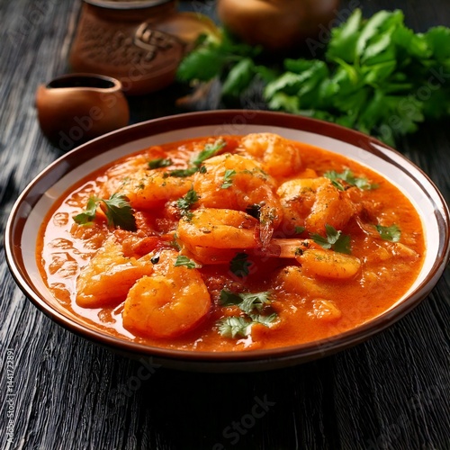 Hot and spicy thai prawn red curry soup with vegetables, coconut milk, and fresh herbs garnishing, served in a dark bowl