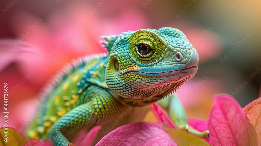 Obraz premium Mesmerizing closeup of a colorful chameleon resting among vibrant pink flowers