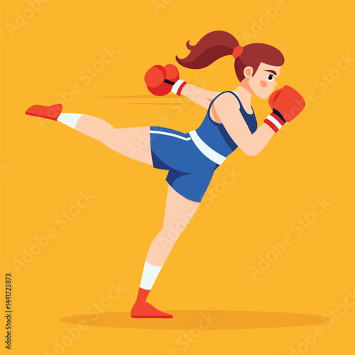 Woman boxing. Female fighter in boxing gloves practices kick, punching and hitting. Strong girl athlete at sports training or workout. Flat vector illustration isolated on background