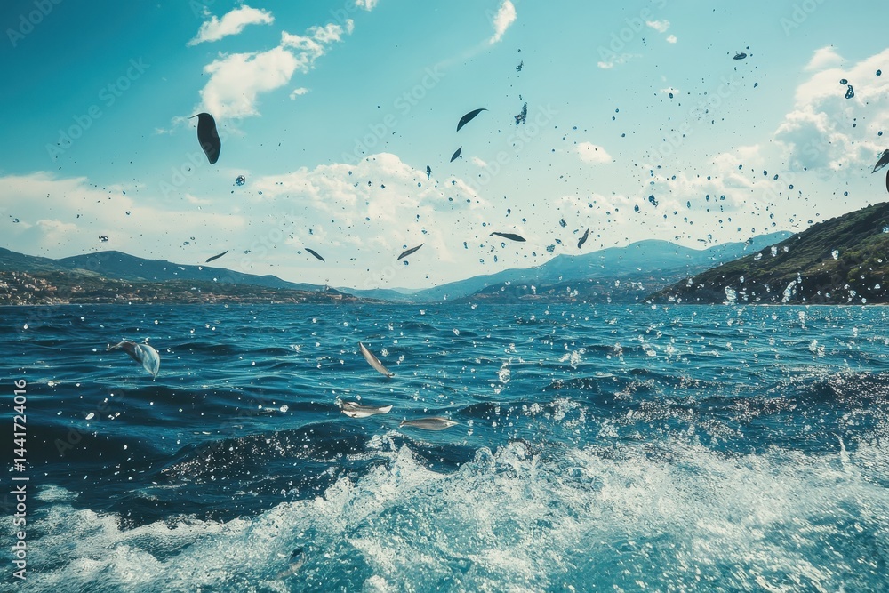 Fish Sea. Distant View of Fish Diving in Sea with Splashing Waterfront Fish Sea. Distant View of Fish Diving in Sea with Splashing Waterfront