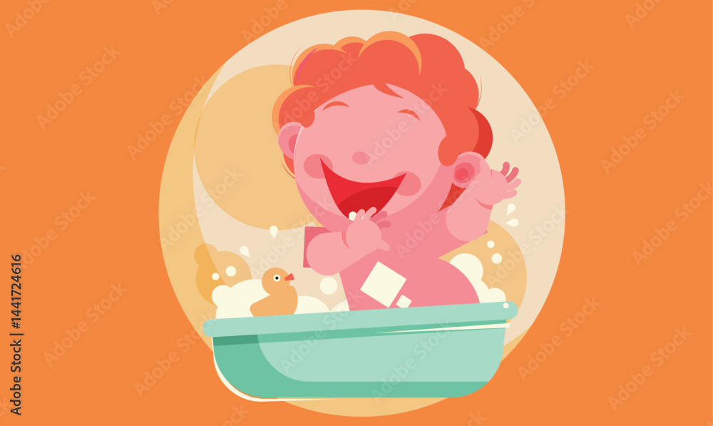 Flat design illustration of a baby in a shower path, with water droplets and soft surroundings, symbolizing hygiene, care, and playful bath time in a gentle and minimalist style. Flat design illustration of a baby in a shower path, with water droplets and soft surroundings, symbolizing hygiene, care, and playful bath time in a gentle and minimalist style.