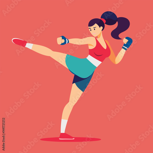 Woman boxing. Female fighter in boxing gloves practices kick, punching and hitting. Strong girl athlete at sports training or workout. Flat vector illustration isolated on background