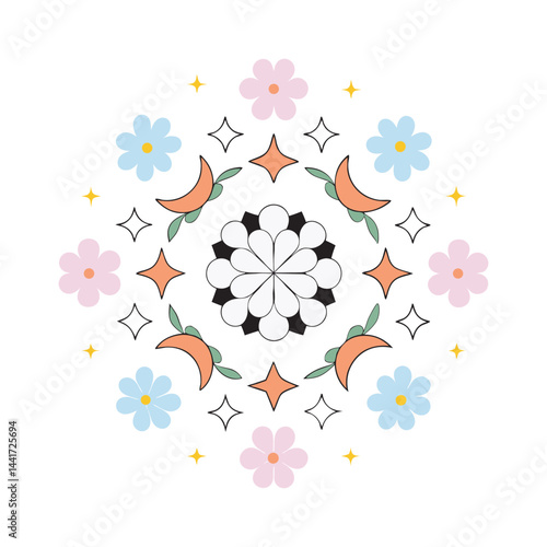 Cosmic floral mandala with celestial elements