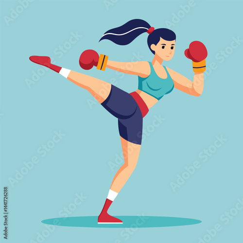 Woman boxing. Female fighter in boxing gloves practices kick, punching and hitting. Strong girl athlete at sports training or workout. Flat vector illustration isolated on background