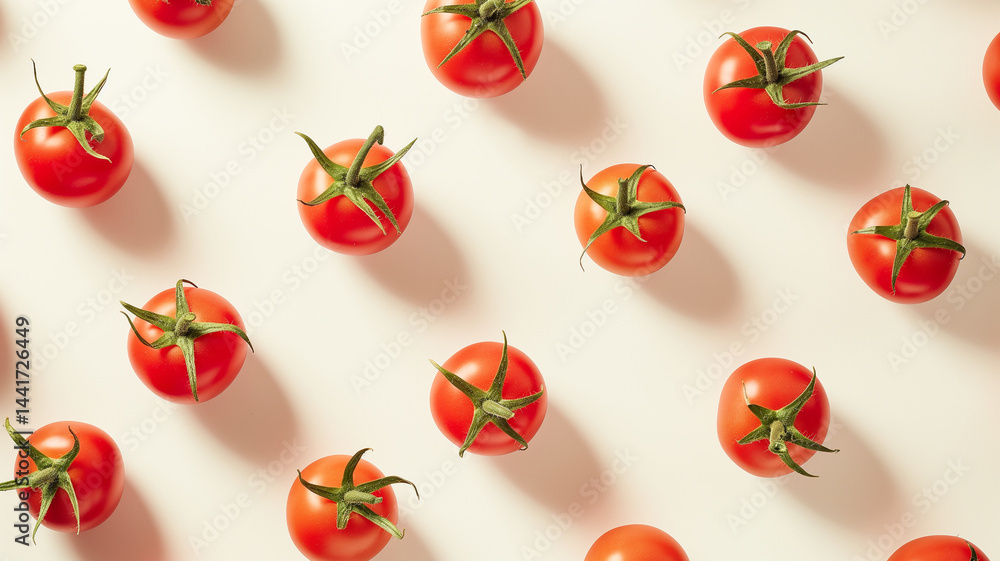 Cherry tomatoes pattern dotted evenly across a pale field in a clean, patterned layout