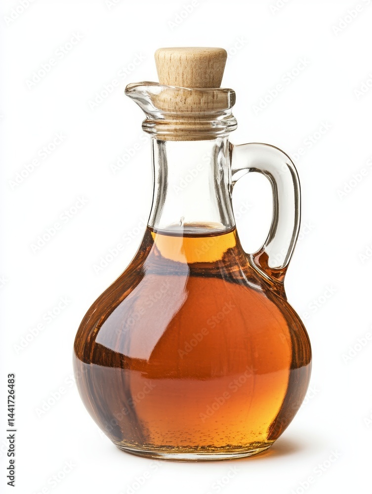Amber Oil in Glass Bottle with Cork Stopper on White Background Amber Oil in Glass Bottle with Cork Stopper on White Background
