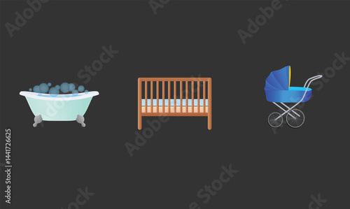 illustration of baby essentials including a baby bed, crib, and bath tub, symbolizing newborn care, comfort, and nursery items