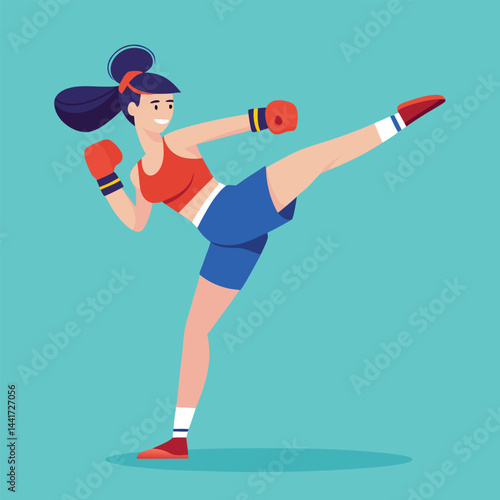 Woman boxing. Female fighter in boxing gloves practices kick, punching and hitting. Strong girl athlete at sports training or workout. Flat vector illustration isolated on background