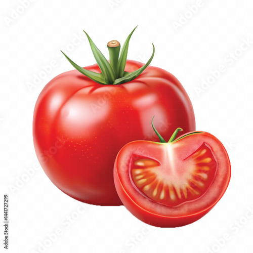 realistic 3d red tomato and slice isolated on  transparent background