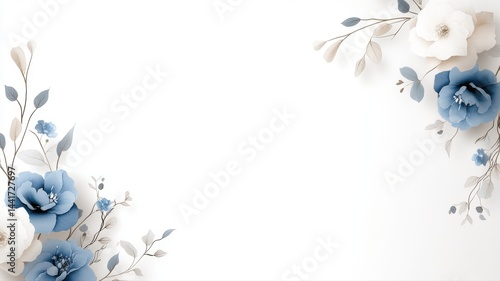 Fototapeta Naklejka Na Ścianę i Meble -  Elegant Floral Border with Blue and White Paper Flowers floral border corner blue white flowers card