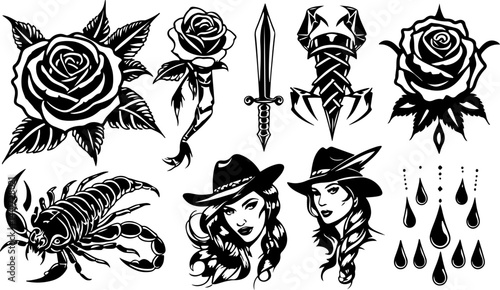Gothic Tattoo Flash Set with Roses, Daggers, Scorpions and Femme Portraits