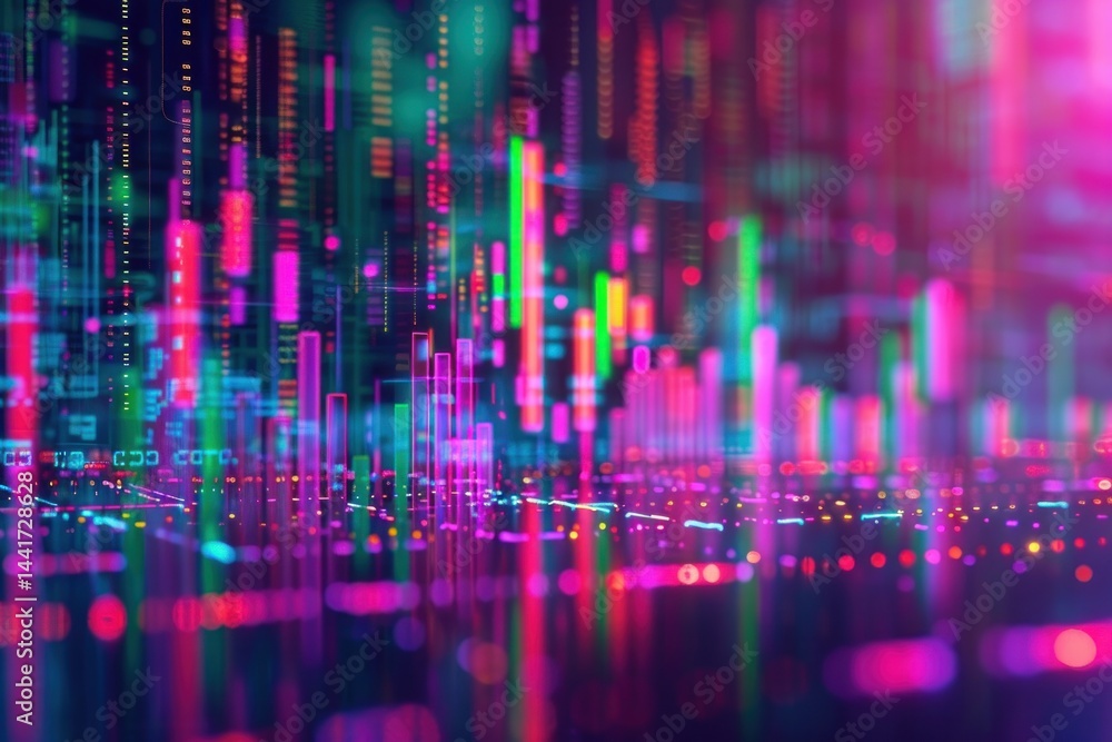 Abstract digital data visualization with vibrant multicolored vertical bars and dots representing dynamic information flow in a futuristic technology setting Abstract digital data visualization with vibrant multicolored vertical bars and dots representing dynamic information flow in a futuristic technology setting