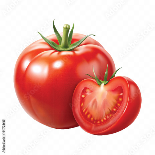 realistic 3d red tomato and slice isolated on  transparent background